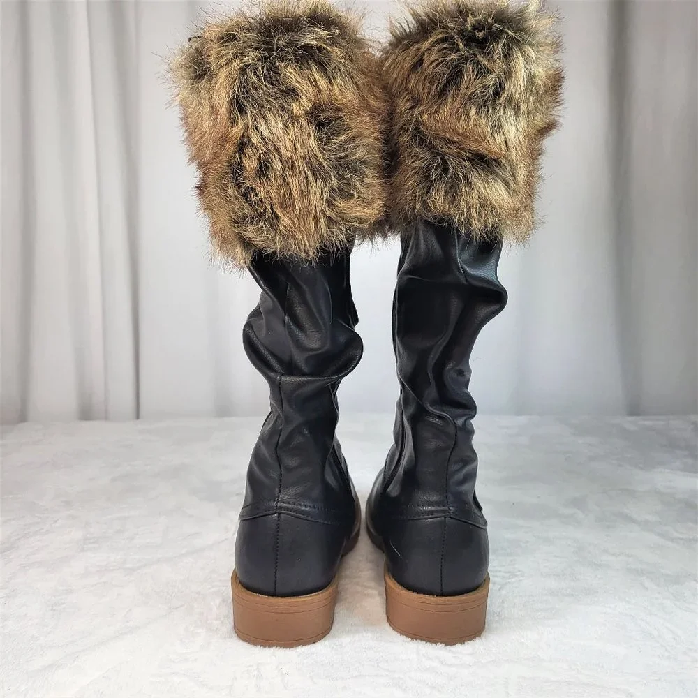 * Furry Black Matte Faux Fur Fold Over Cuff Winter Mid Calf Boots